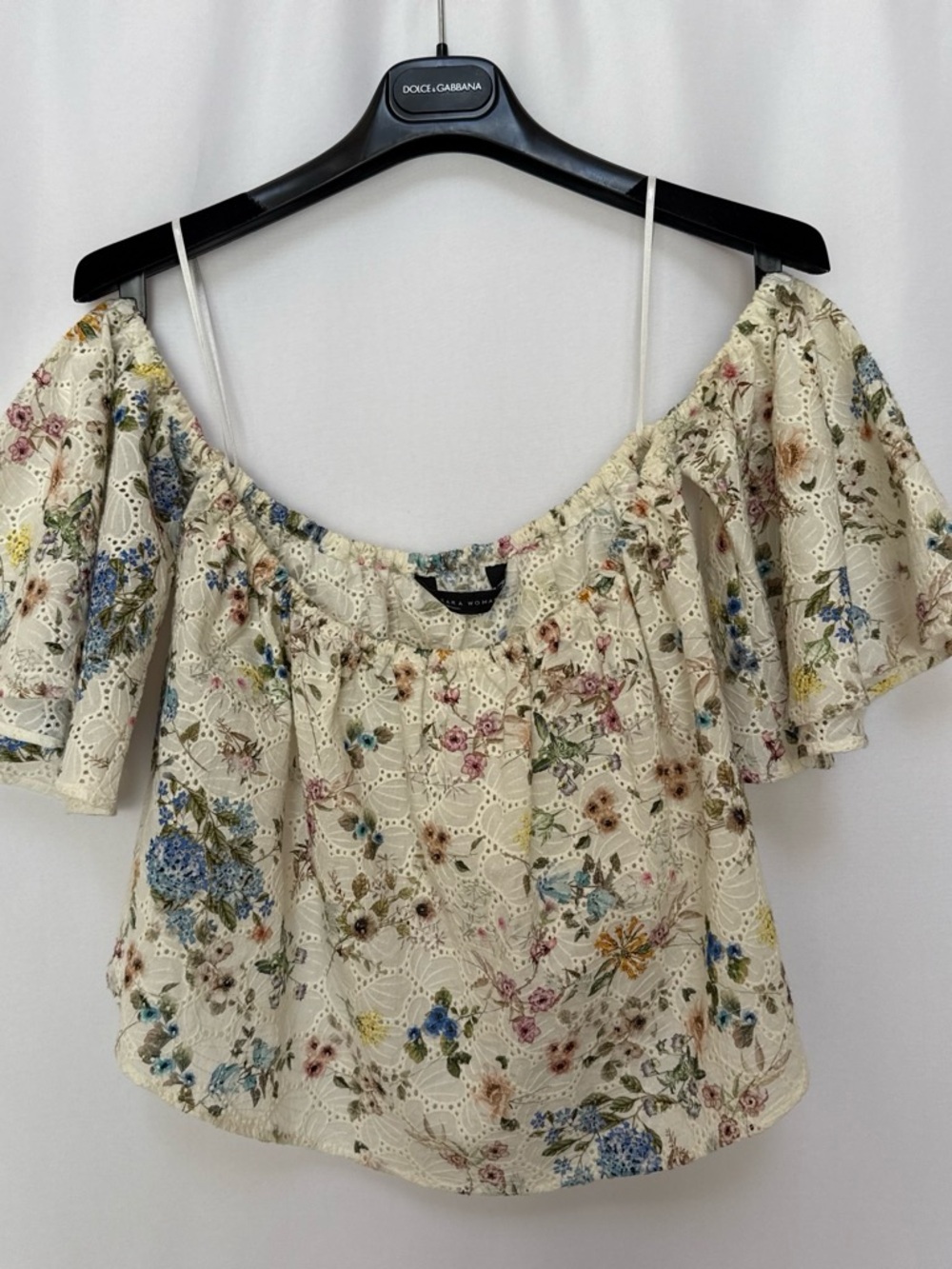 Zara Cream Floral Eyelet Off-Shoulder Top